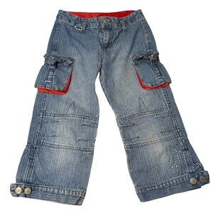 Mary-Kate and Ashley Women 8 Denim Cargo Jeans Red Trim Wide Leg Cropped 11x23